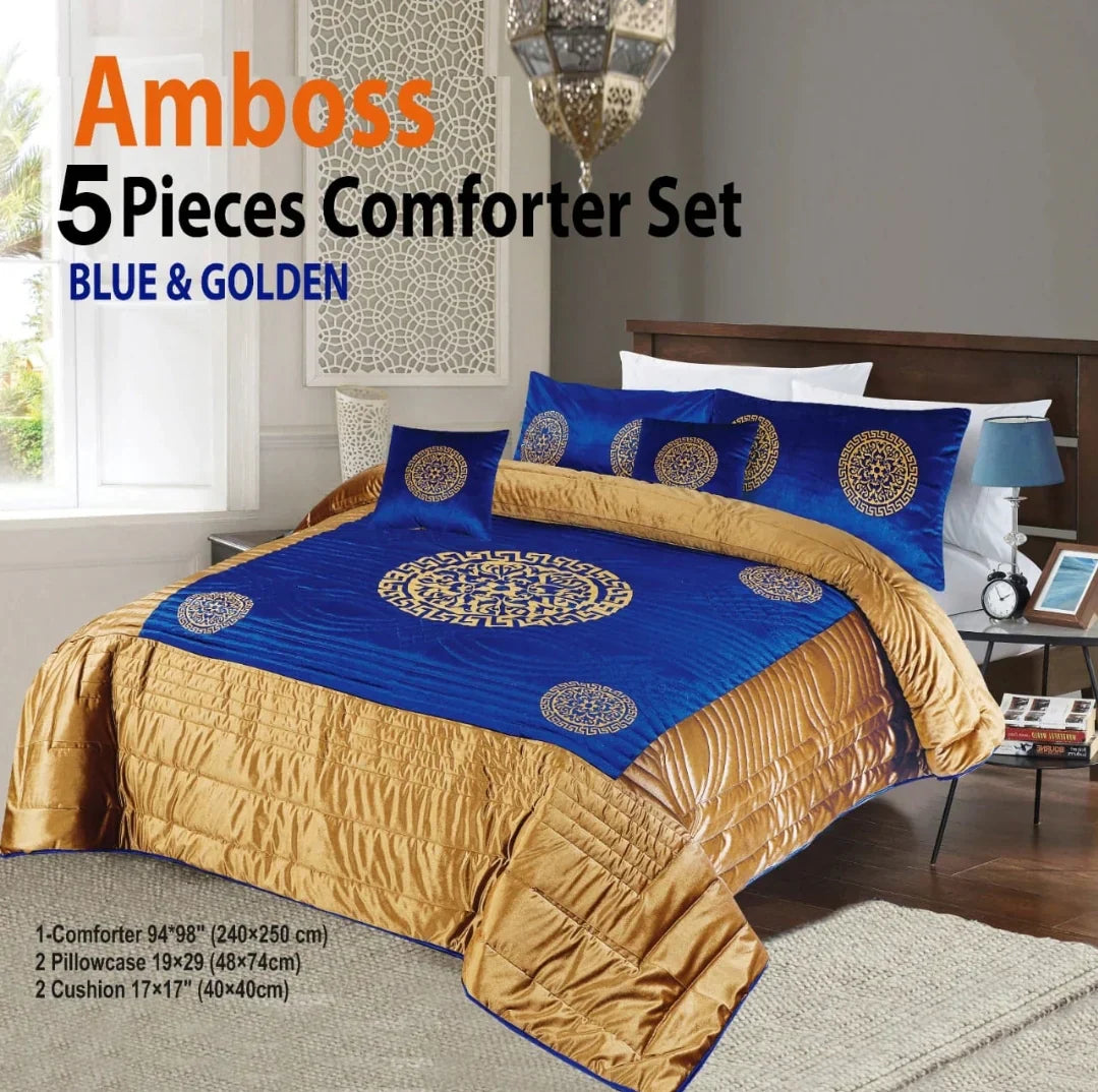Amboss 5 Pieces Comforter Set- Blue & Golden Amboss 5 Pieces Comforter Set- Blue & Golden