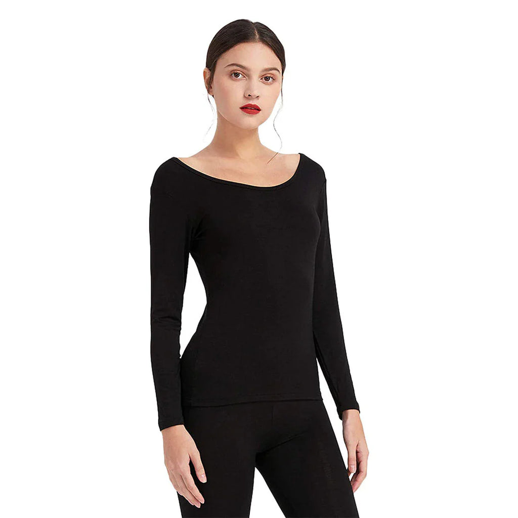 Women's Deep Neck Thermal Warmer Wool (FULL SUIT) - BLACK