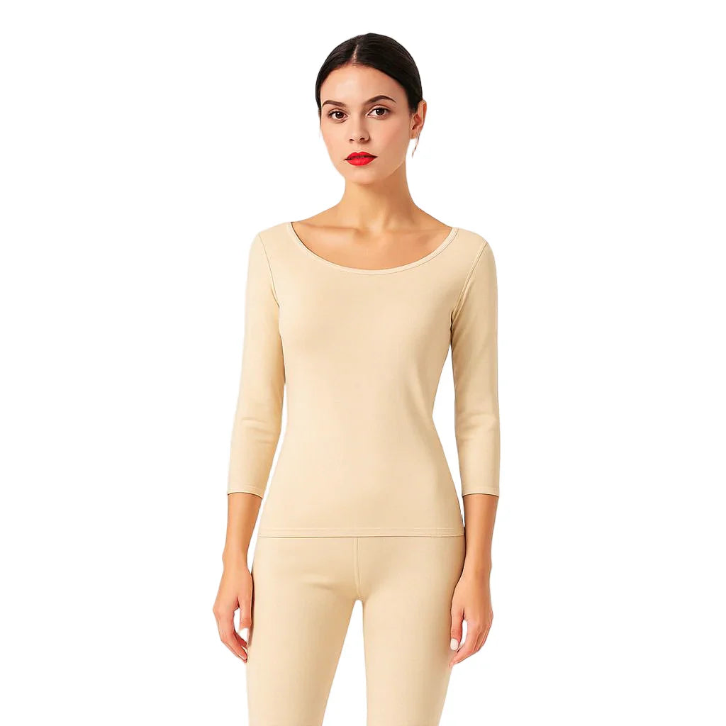 Women's Deep Neck Full-Body Thermal Warmer Wool (FULL SUIT) - BEIGE