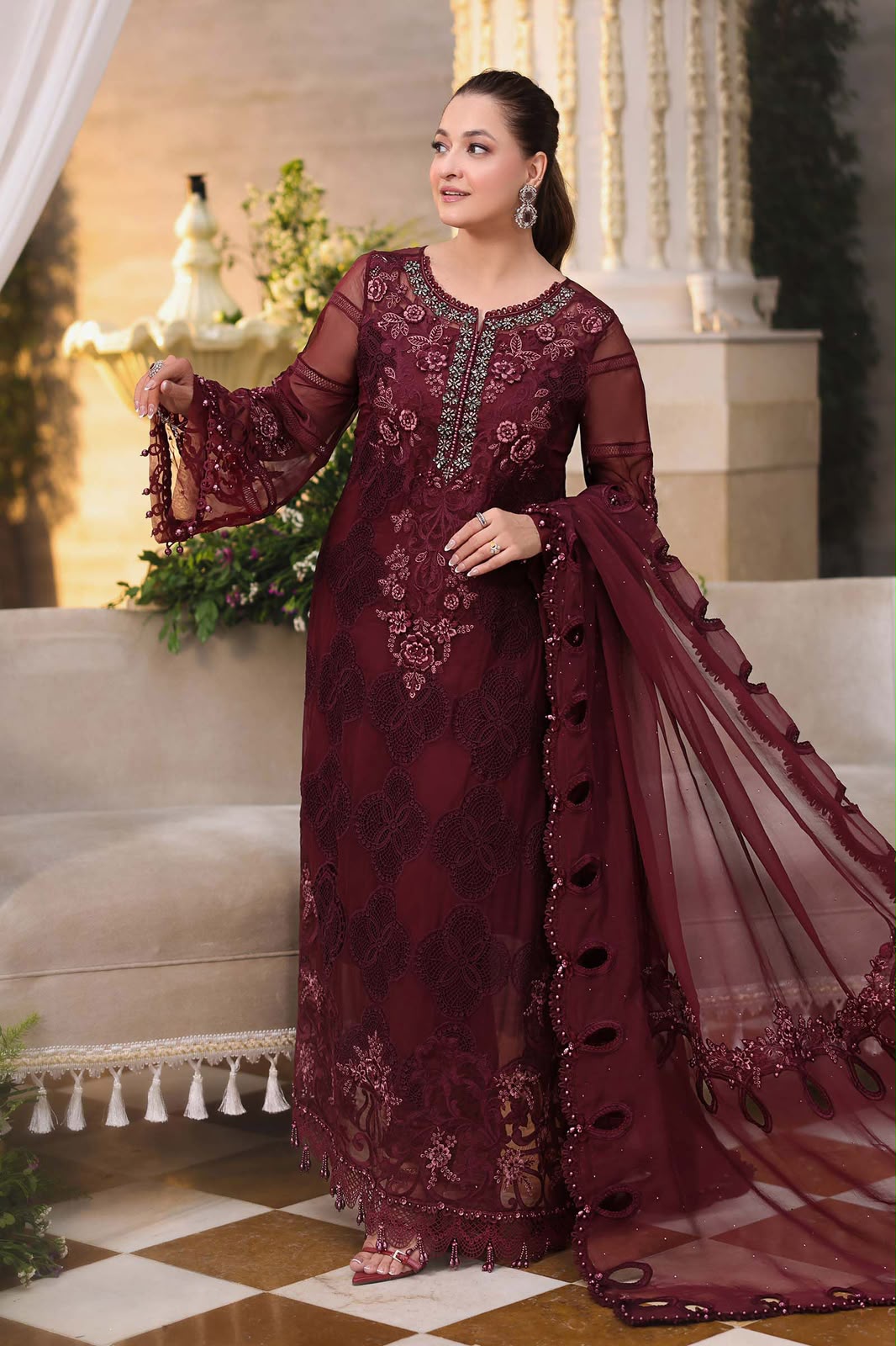 MARIA.B Luxury Chiffon 3-Piece Embroidered Suit | 3D Floral & Ada Work | Cutwork Neck & Cuff Patches | Heavy Embroidered Dupatta with Tassels | UNSTITCHED