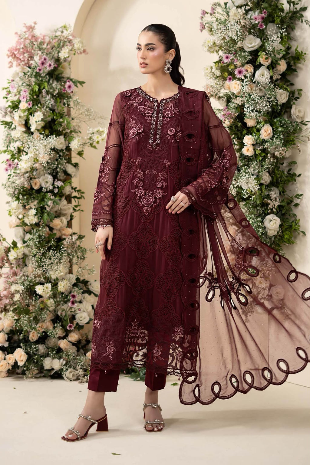 MARIA.B Luxury Chiffon 3-Piece Embroidered Suit | 3D Floral & Ada Work | Cutwork Neck & Cuff Patches | Heavy Embroidered Dupatta with Tassels | UNSTITCHED