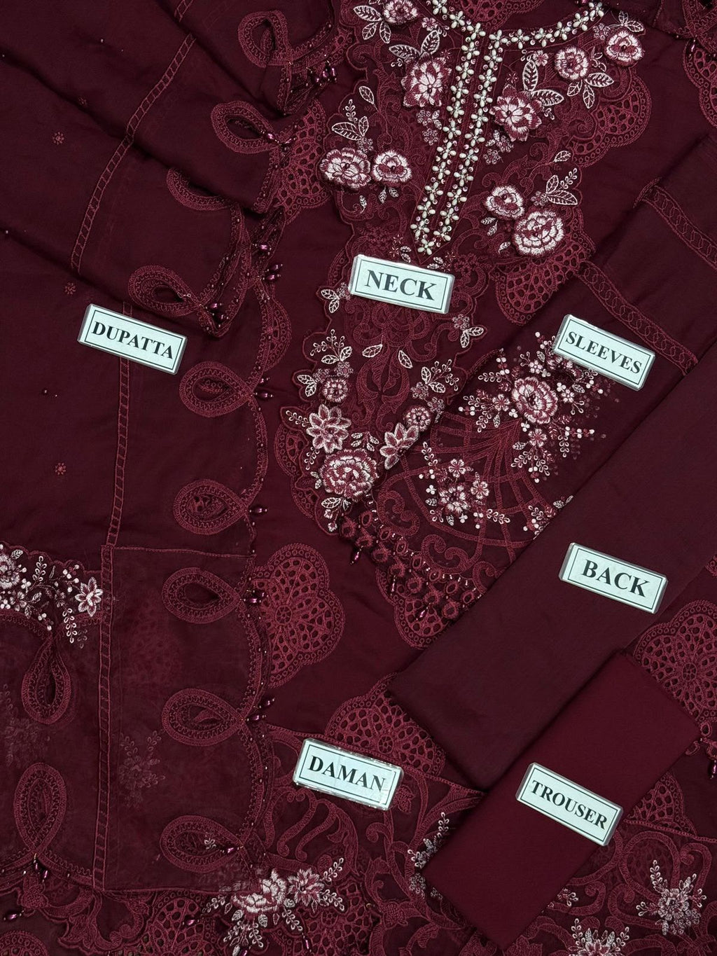 MARIA.B Luxury Chiffon 3-Piece Embroidered Suit | 3D Floral & Ada Work | Cutwork Neck & Cuff Patches | Heavy Embroidered Dupatta with Tassels | UNSTITCHED