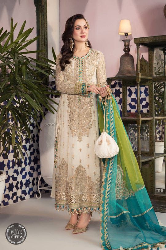 MARIA.B luxury 3-Piece Chiffon Embroidered Suit | Heavy Pearl Handwork | Fully Embroidered Organza Dupatta with 4-Side Border & Silk Trouser | UNSTITCHED