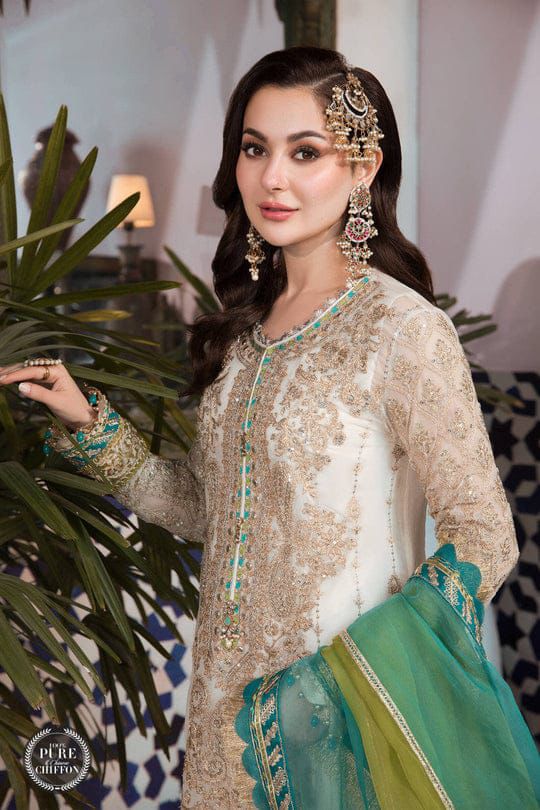 MARIA.B luxury 3-Piece Chiffon Embroidered Suit | Heavy Pearl Handwork | Fully Embroidered Organza Dupatta with 4-Side Border & Silk Trouser | UNSTITCHED