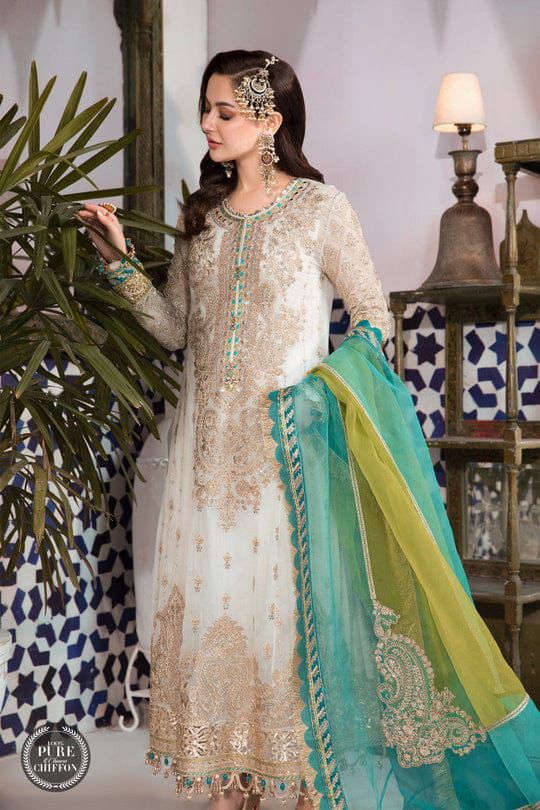 MARIA.B luxury 3-Piece Chiffon Embroidered Suit | Heavy Pearl Handwork | Fully Embroidered Organza Dupatta with 4-Side Border & Silk Trouser | UNSTITCHED