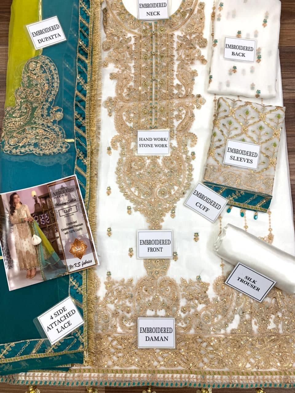MARIA.B luxury 3-Piece Chiffon Embroidered Suit | Heavy Pearl Handwork | Fully Embroidered Organza Dupatta with 4-Side Border & Silk Trouser | UNSTITCHED