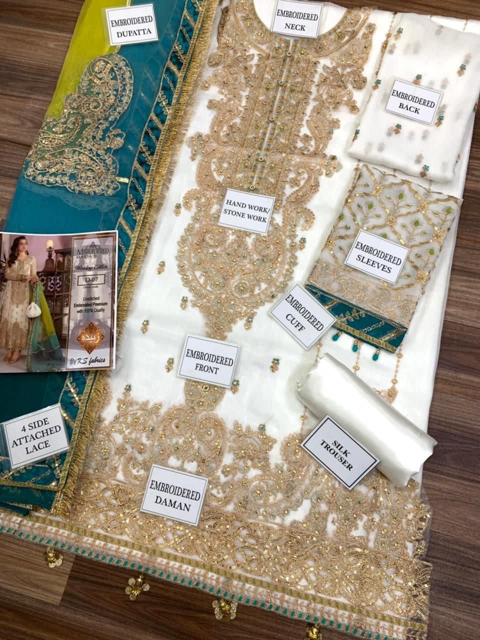 MARIA.B luxury 3-Piece Chiffon Embroidered Suit | Heavy Pearl Handwork | Fully Embroidered Organza Dupatta with 4-Side Border & Silk Trouser | UNSTITCHED