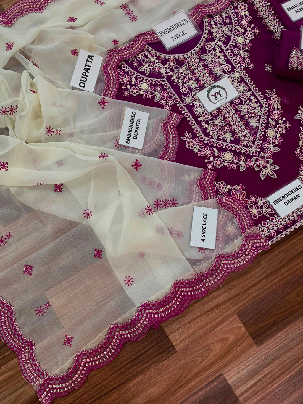 CHARISMA Luxury Chiffon 3-Piece Embroidered Suit | Heavy Organza Neck & Cuffs | Chak Patti, Embroidered Dupatta & Malai Trouser | UNSTITCHED