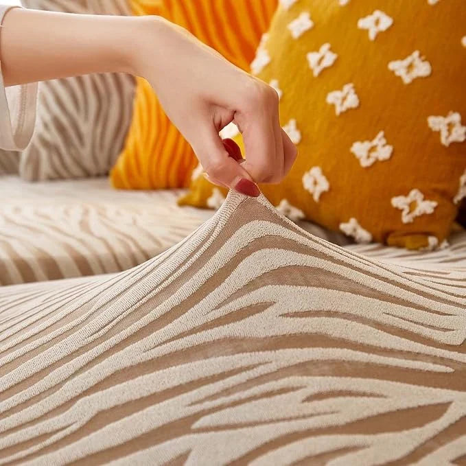 L Shape Zebra Velvet Sofa Covers - Fitted Style ( Beige)