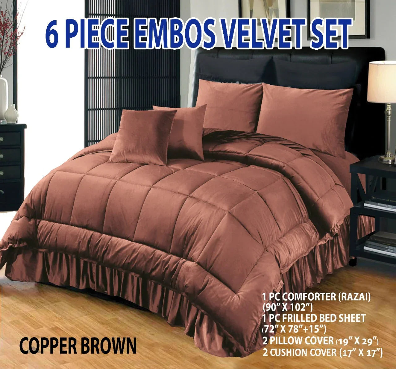 Wedding Embossed Velvet Frill Duvet, 6 Pieces (Razai)- Copper Brown Wedding Embossed Velvet Frill Duvet, 6 Pieces (Razai)- Copper Brown