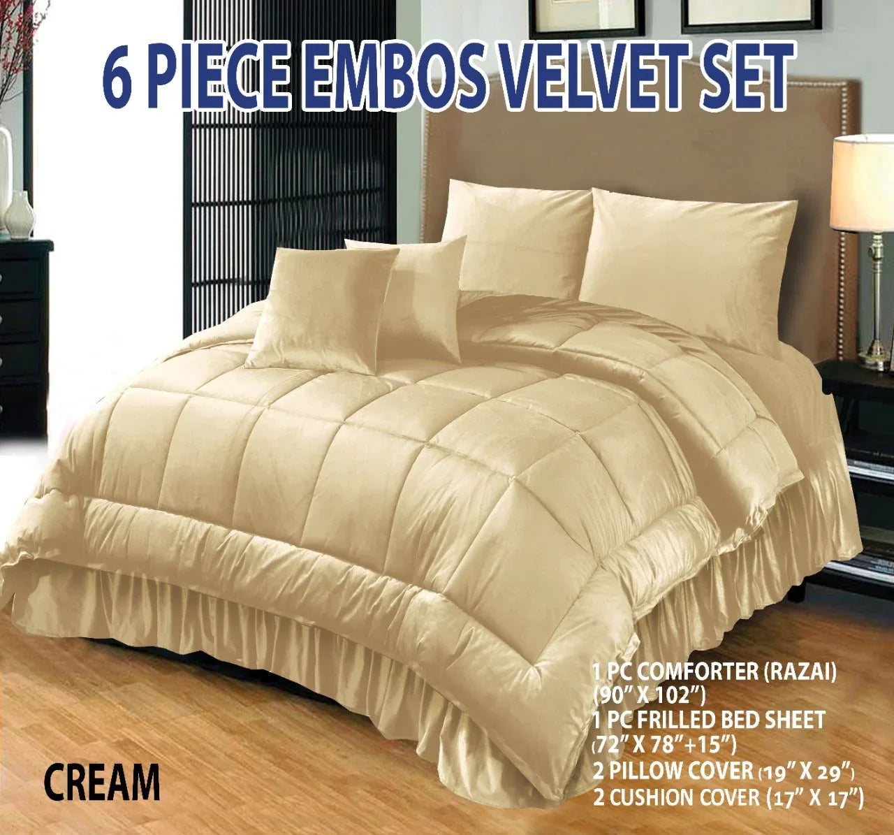 Wedding Embossed Velvet Frill Duvet, 6 Pieces (Razai)- Cream