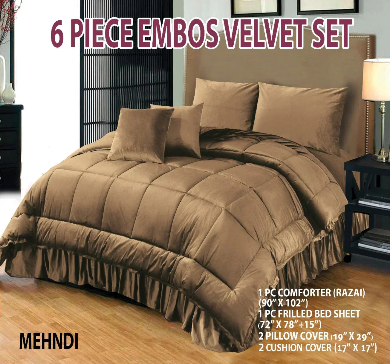 Wedding Embossed Velvet Frill Duvet, 6 Pieces (Razai)- Mehandi