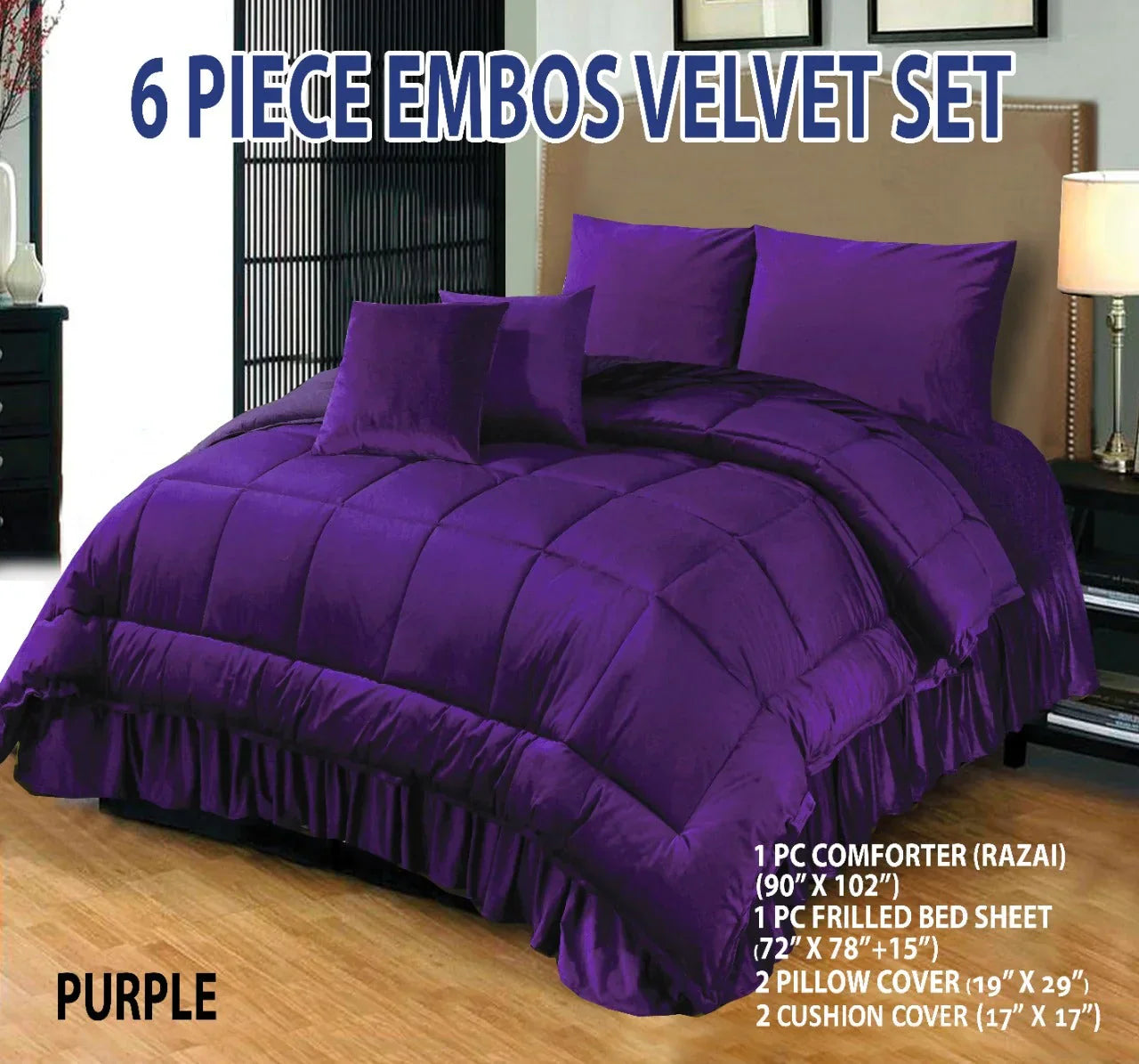 Wedding Embossed Velvet Frill Duvet, 6 Pieces ( Razai )- Purple